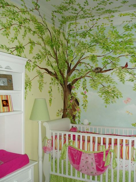 in the nursery Tree Mural Bedroom, Disney Baby Rooms, Winnie The Pooh Nursery, Baby Room Themes, Tree Mural, Nursery Mural, Disney Nursery, Baby Boy Room Nursery