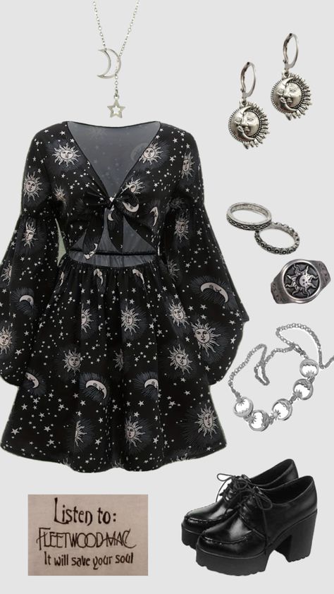 Whimsigoth outfit #outfitinspo #whimsigoth #whimsigothic Astrology Aesthetic Outfit, Whimsigoth Outfits Casual, Popstar Outfits Ideas, Fnaf Clothes, Whimsigothic Outfits, Outfits Whimsigoth, Whimsigoth Room, Celestial Goth, Whimsigoth Outfits