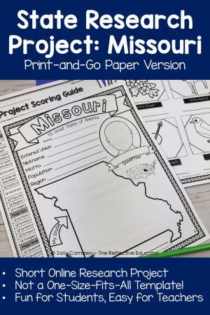 Students will love researching Missouri with this custom-designed state research project! Not a generic template - this resource is specific to Missouri with both content and graphics. No need to waste any time hunting for safe, kid-friendly websites your students can use to do their research! Those reference websites are listed and linked in the lesson overview of this resource! 3rd, 4th, 5th grades and homeschool. #thereflectiveeducator #stateresearch #Missourihistory State Brochure Project, History Project Ideas, Research Project Template, Regions Of The United States Projects, State Research Project 2nd Grade, State History Projects, Us State History Report, Elementary Social Studies Lessons, Upper Elementary Social Studies