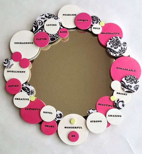 Round affirmation mirror for teens Mirror Affirmations, Mirror For Girls, Affirmation Mirror, Mirror Craft, Round Mirror, Crafts For Teens, Cute Crafts, My New Room, Bedroom Diy