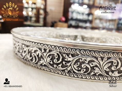 Antique Silver Plate For Pooja, Antique Silver Plate, Silver Plate For Pooja, Silver Silverware, Silver Articles, Pooja Items, Temple Design For Home, Silver Pooja Items, Personalized Wedding Decor