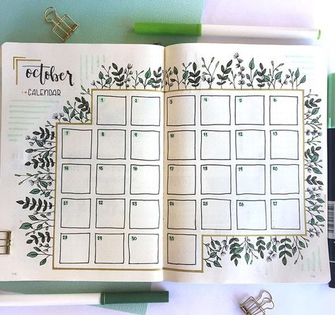 Bujo Leaf Theme, Green Bujo Theme, Green Bujo, Bullet Journal Leaves, Bullet Journal Topics, Bujo Calendar, October Bujo, Bullet Journal Work, Bullet Journal Month