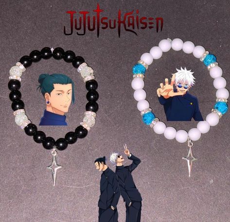 Matching bracelets of Geto and Gojo from Jujutsu Kaisen! Anime Bracelets Ideas, Jujutsu Kaisen Jewelry, Jjk Gift Ideas, Anime Jewelry Diy, Jujutsu Kaisen Bracelet, Satosugu Bracelet, Jjk Bracelet, Gojo Bracelet, Anime Bracelet Ideas