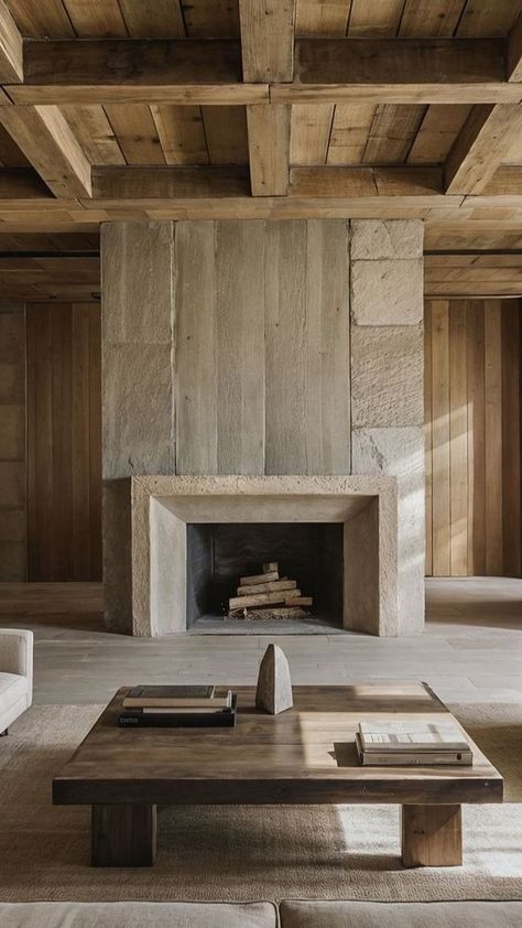 Instagram Wabi Sabi Fireplace, Fireplace Cabin, Grey Stone Fireplace, Fireplace Feature Wall, Log Home Plan, Luxurious Living Rooms, Wabi Sabi Interior, Condo Remodel, Rustic Fireplaces