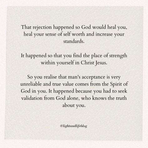 The love and intentionality of God wouldn't let Him allow you settle for something or someone who wouldn't value you. You're more than that. Whatever the case is, whether He separated you so you can develop yourself or realise yourself, understand that it is part of the plan. You are God's own, He is not against you. #christianity #christian #jesus #bible #god #faith #jesuschrist #christ #motivation #gospel #holyspirit #pray #truth #hope #scripture #worship #believe #jesussaves #religion #je... Gods Love Scripture, God Scriptures, Hope Scripture, Healing Hearts, Faith Messages, Jesus Paid It All, Quotes Spirituality, Love Scriptures, Relationship Lessons