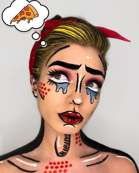 29 Pop Art Makeup Ideas: Easy and Creative Comic-Inspired Looks for Halloween Cartoon Face Makeup, Comic Halloween Makeup, Pop Art Eye Makeup, Pop Art Makeup Halloween, Super Hero Makeup Women, Comic Makeup Pop Art, Couple Makeup Halloween, Cartoon Makeup Looks, Face Paint Halloween Costumes