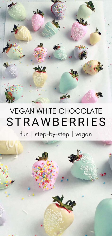 White Chocolate Dipped Fruit, Easy Vegan Easter Treats, Easter Vegan Food, Vegan Chocolate Dipped Strawberries, Chocolate Covered Strawberries Colorful, Vegan Easter Meals, Galentines Party Food Ideas Vegan, Dairy Free Easter Treats, Vegan Chocolate Covered Strawberries