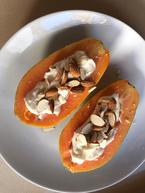 A Whole Papaya with Plain Greek Yoghurt, Slices Almonds and can even have a drizzle of honey🍯 CHEFS KISS💋🤌🏻 Papaya Breakfast, Healthy Breakfast Idea, Chefs Kiss, Breakfast Idea, Intuitive Eating, Pink Wallpaper Iphone, Sliced Almonds, Morning Food, Pink Wallpaper