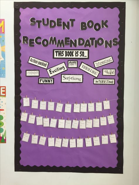 Student book recommendations bulletin board in the school library School Library Displays Ideas, Favorite Book Bulletin Board Ideas, Book Review Bulletin Board Ideas, School Library Interior, Book Bulletin Boards Elementary, Student Book Recommendations, Library Middle School, Book Review Bulletin Board, Middle School Library Ideas