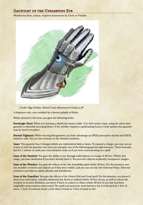 Gauntlet of the Unsleeping Eye, for that Helm loving Paladin or Cleric in your life. First homebrew submission, so feedback is welcome! : UnearthedArcana Cleric Armor, God Of Protection, Dnd Cleric, Dnd Paladin, Dungeons And Dragons Figures, Dnd Inspiration, Dnd Items, Magical Items, Dungeon Master's Guide