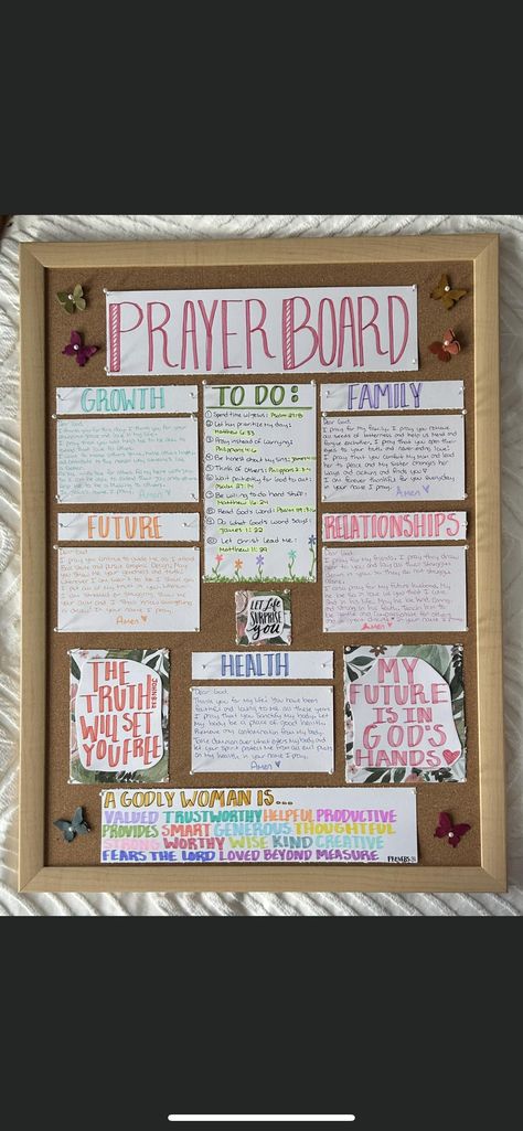 Bible Study Decorations, Prayer Boards For Home, Christian Whiteboard Ideas, Bible Study Party Ideas, Prayer Boards For Teens, Prayer Board Ideas Pink, Prayer Cork Board Ideas, Bible Study Desk Setup, Prayer Boards With Friends