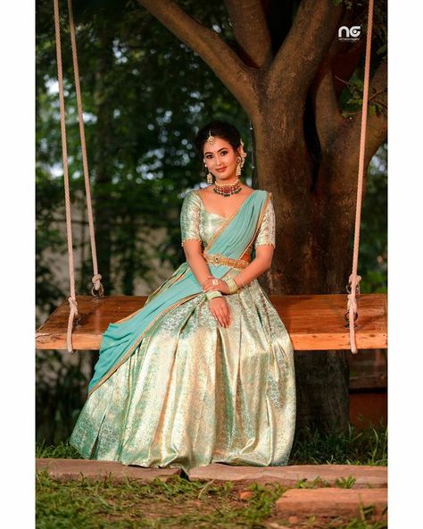 Pastel Color Half Saree, Sky Blue Half Saree, Pastel Pattu Saree, Dhavani Half Saree Color Combos, Half Saree Lehenga Color Combinations, Neha Gowda, Blue Half Saree, Langa Designs, Langa Voni Half Saree