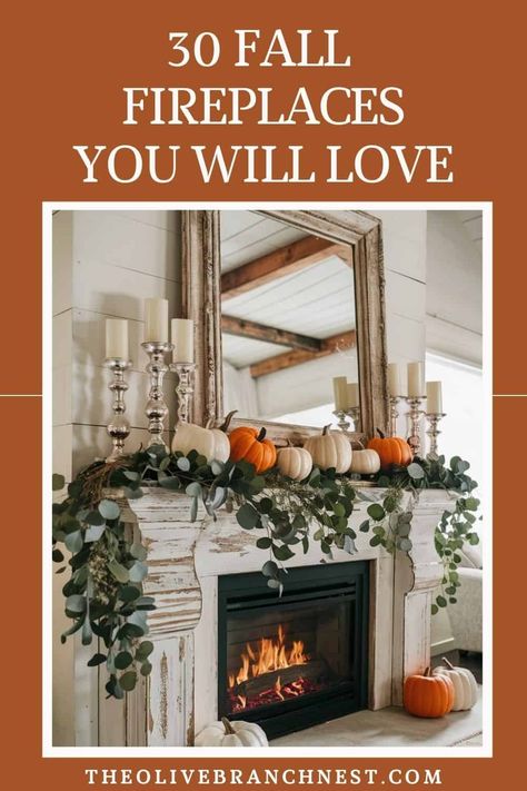 Elevate Your Fireplace: 30 Creative Fall Mantle Ideas Call Fireplace Decor, Pumpkins In Fireplace Decor, Rustic Fall Fireplace Decor, Fall Mantle Decor With Mirror, Fall Mantles Ideas Farmhouse, Minimalist Fall Mantle Decor, Traditional Fireplace Mantel Decor, Fall Fireplace Decor Mantles With Tv, Long Mantel Decorating Ideas