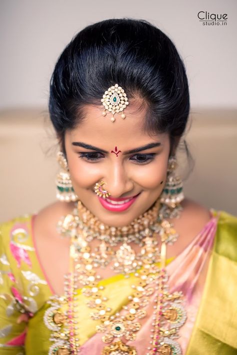 Green And Pink Pattu Saree, Pink Pattu Saree, Wedding Lip, Bride And Son, Wedding Lips, Marriage Stills, Nose Ring Jewelry, Wedding Stills, Bridal Sarees South Indian