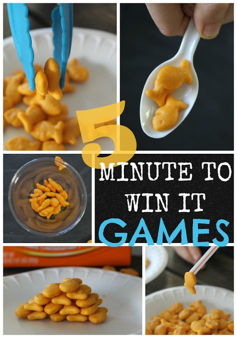 5 Minute to Win It Games @ GingerSnapCrafts.com #games #goldfish Food Minute To Win It Games, Minute To Win It Food Games, Simple Minute To Win It Games, Candy Minute To Win It Games, Goldfish Game, Fishing Party Games, Minute To Win It Games For Kids, Food Games For Kids, Camping Life Hacks