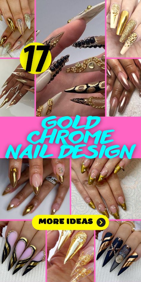 17 Glamorous Gold Chrome Nail Design Ideas Gold Chrome Nails Designs, Holographic Chrome Nails, Chrome Nail Design, Gold Coffin Nails, Chrome Manicure, Gold Chrome Nails, Chrome Nail Polish, Gold Shades, Elegant Manicure