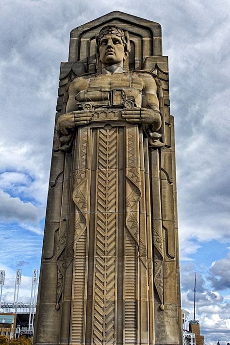 Guardians Of Transportation Cleveland, Deco Statue, Art Deco Statue, Baseball Park, Architectural Sculpture, William Henry, Art Deco Sculpture, Bob Hope, Art Deco Buildings