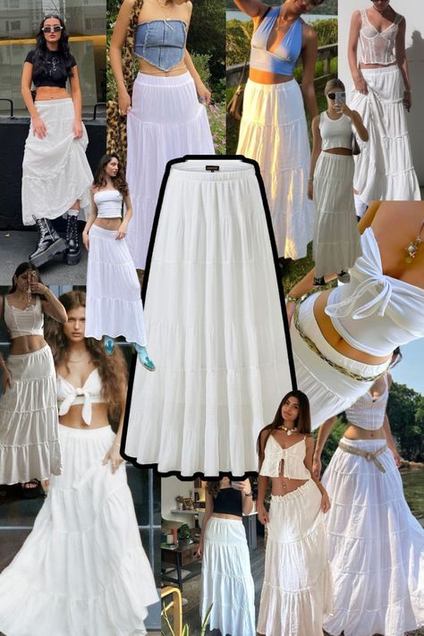 White Maxi Skirt Outfit, Summer Core, Skirt Outfits Aesthetic, White Skirt Outfits, Maxi Skirt Outfit, Skirt Outfit Summer, White Maxi Skirt, Long Flowy Skirt, Character Clothing