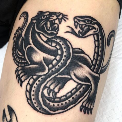 Trad Sleeve, Traditional Snake Tattoo, Panther Tattoo, Snake Tattoo, Tat Ideas, Old School Tattoo, Arm Sleeve, Flash Tattoo, Snakes