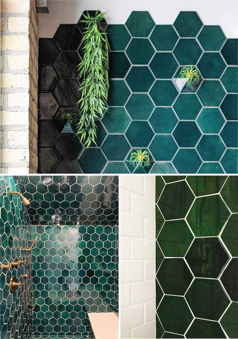 Why We Love This Emerald Green Tile Backsplash – Mercury Mosaics Kitchen Backsplash Two Different Tiles, Green Mosaic Tiles Bathroom, Hexagon Tile Bathroom Wall, Green Hexagon Tile, Mosaic Tiles Bathroom, Tile To Wood Transition, Green Tile Backsplash, Custom Tile Design, Mural Tiles