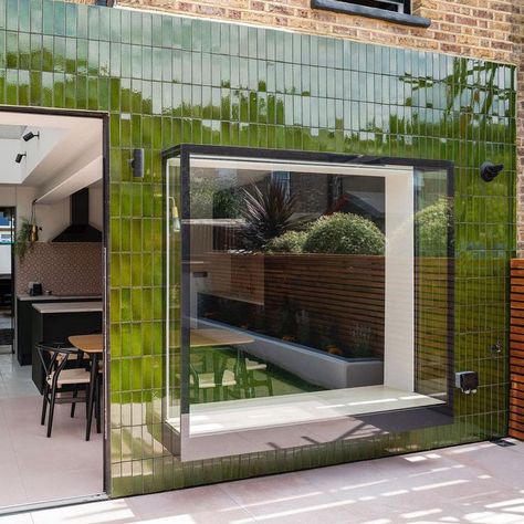 Glazed Brick Extension, Tiled House Exterior, Green Glazed Brick, Glazed Brick Architecture, Glazed Brick Facade, Green Glass Brick, Tiled House, Pink Terrazzo Tile, Glazed Bricks