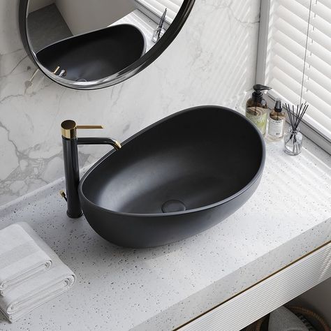 Cool Sinks Bathroom, Black Basin Bathroom, Sparkling White Quartz Countertop, Black Sink Bathroom, Oval Vessel Sink, Ada Sink, Bathroom Stone, Gym Bathroom, Black Bathroom Sink