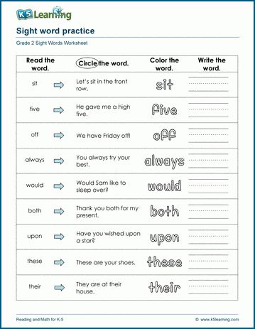 Practice recognizing and using high frequency, grade 2 level sight words.  Free | Reading | Worksheets | Grade 2 | Printable 2nd Grade Sight Word Worksheets Free, Grade 2 Sight Words, Worksheets Grade 2, Sight Word Worksheets Free, Kindergarten Vocabulary, Sight Words Worksheets, Nouns Verbs Adjectives Adverbs, Sight Word Sentences, Cursive Writing Worksheets