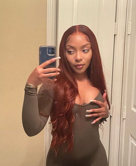 Auburn Sew In, Brownish Orange Hair, Ginger Sew In, Red And Ginger Hair, Ginger Hair On Black Women, Dark Ginger Hair, Bday Hair, Frontal Wig Hairstyles, Ginger Hair Color