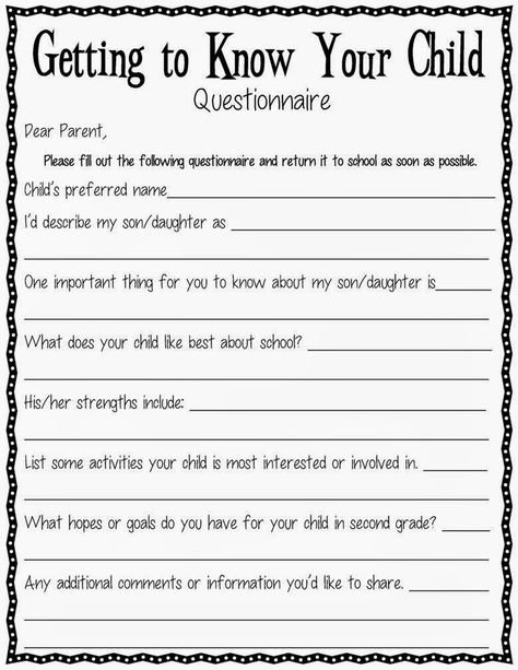 Classroom Freebies: A 'Getting to Know Your Child' Questionnaire Getting To Know Your Child, Parent Questionnaire, Student Questionnaire, Parent Survey, Classroom Freebies, Back To School Night, Letter To Parents, Meet The Teacher, Beginning Of The School Year