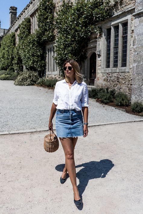 Cornwall style diary, Emma Hill style, white linen shirt, denim mini skirt, basket bag, black Chanel sling backs Style White Linen Shirt, Emma Hill Style, Cornwall Style, Denim Mini Skirt Outfit, Emma Hill, Summer Wardrobe Staples, Denim Skirt Outfits, White Linen Shirt, Blue Denim Skirt