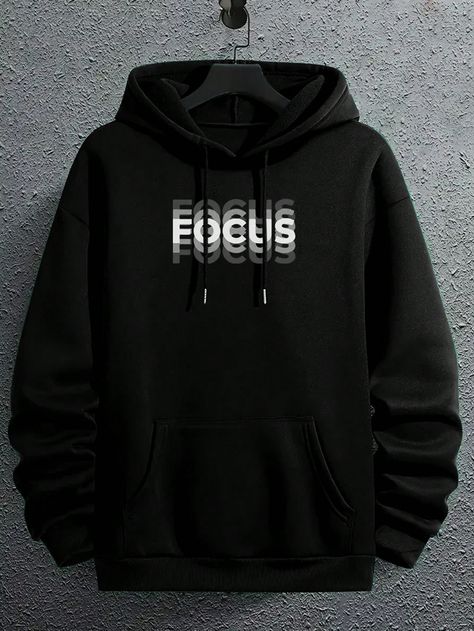 Men's Hooded Sweatshirt With Letter Print And Drawstring Black Casual  Long Sleeve Knitted Fabric Letter  Slight Stretch Spring/Fall Men Clothing, size features are:Bust: ,Length: ,Sleeve Length: Over Size Hoodie Outfit, Hoddies Outfits Men, Stylish Hoodies Men, Hoddies Outfits, Hoodie Outfit Men, Hoodies Black, Trendy Shirt Designs, Design Hoodie, Stylish Hoodies