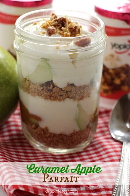 Caramel Apple Parfait. If you don’t have the time to make a pie but you still need a quick dessert fix, this single-serve Caramel Apple Parfait is for you!  Layers of cinnamon and pecan-infused crushed graham cracker, diced green apples, gooey caramel, and Yoplait Apple Crisp Yogurt provide the ultimate fall refreshment that can be thrown together in minutes! Caramel Apple Parfait, Apple Parfait, Desserts In A Glass, Gooey Caramel, Quick Dessert, Dessert In A Jar, Cracker Crust, Green Apples, Favorite Dessert Recipes