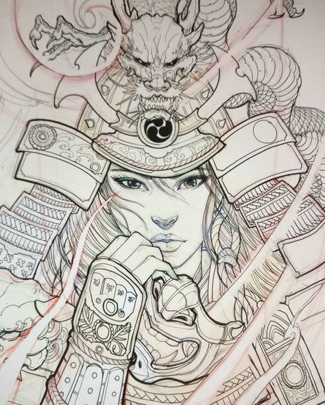 Female samurai sketch. Samurai Sketch, Female Samurai Tattoo, Japanese Drawing, Samurai Drawing, Samurai Warrior Tattoo, Female Warrior Tattoo, Guerriero Samurai, Irezumi Tattoo, Female Samurai