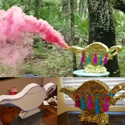 🧞‍♀️Genie Lamp Gender Reveal🧞‍♂️ $14 of Materials: Cardboard (Tri-Fold Cardboard Poster + 1 package of gold foil tissue paper + 1 roll of jewel-toned yarn + 1 pink smoke bomb! ♀️💣 Smoke Bomb Gender Reveal | Aladdin Moroccan Princess Jasmine Genie Disney | Aladdin themed Baby Shower Gender Reveal Party | Pink Smoke Powder Confetti Cannon | Easy Affordable Cheap DIY Custom Homemade Home Made Crafts Aladdin Lamp Diy, Aladdin And Jasmine Gender Reveal, Genie Lamp Diy, Aladdin Gender Reveal, Gender Reveal Ideas Disney Theme, Fantasy Gender Reveal, Disney Gender Reveal Party, Disney Gender Reveal Ideas For Party, Gender Reveal Themes Disney