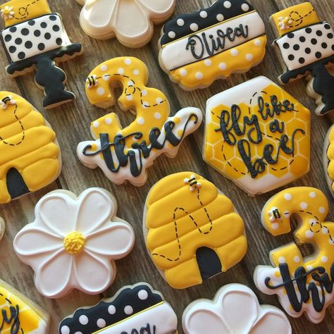 Bumble Bee Third Birthday Theme, So Sweet To Bee Three Birthday, It’s Good To Bee Three, Sweet To Bee Three Birthday Party, Bee Three Birthday Party, Bee Theme Cookies, Happy Bee Day, Cutout Cookie, Honey Bee Theme