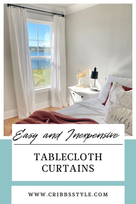 Have tall windows, but not ready to spend a ton of money? Tablecloth curtains may be your best option. Check out how easy and how good table cloth curtains look. Table Cloth Curtains, Inexpensive Window Treatments, Tablecloth Curtains, Cloth Curtains, Diy Window Treatments, Family Room Makeover, Tall Windows, Long Curtains, Diy Window