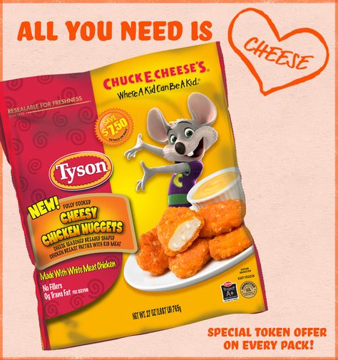 Snack time is easier and cheesier with Tyson’s new cheesy chicken nuggets! Look for a special 130 tokens for $25 offer on each package. Kids Chicken Nuggets, Blueberry Milkshake, Cheese Night, Tyson Chicken, American Snacks, Cheese Mozzarella, Frozen Appetizers, Rib Meat, Ice Cream Brands