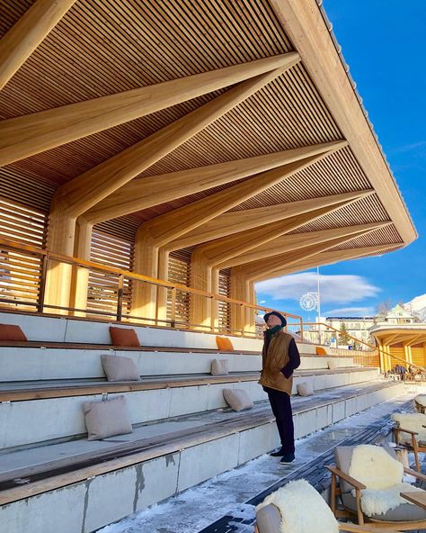 Norman Robert Foster on Instagram: “After Christmas Day lunch at the Kulm Country Club checking out our project” Cantilever Architecture, Christmas Day Lunch, St Moritz Switzerland, Ing Civil, Wood Canopy, Open Architecture, Timber Architecture, Pavilion Architecture, Timber Roof