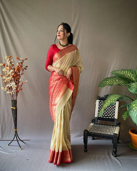 *PRESENTING ORIGNAL LINEN SAREE WITH CHAP BORDER AND GOLD WEAVED MOTTIFS AND RICH PALLU WITH FULL BROCADE CONTRAST BLOUSE *_ WhatsApp 6377811829 Cream And Red Saree, Cream Saree, Saree With Contrast Blouse, Linen Weaving, Purple Saree, Linen Saree, Red Saree, Contrast Blouse, Blouse Price