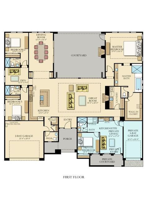 U Shaped House Plans, U Shaped Houses, Multigenerational House Plans, Multigenerational House, Two Master Suites, Inlaw Suite, Courtyard House Plans, Plans Architecture, Casas The Sims 4