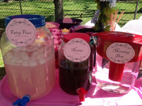 Fairy Birthday Food Table, Fairy Theme Snacks, Fairy Party Drink Ideas, Fairy Party Appetizers, Fairy Princess Tea Party, Fairy Themed Drinks, Fairy Party Drinks, Fairy Party Cupcakes, Fairy Lemonade