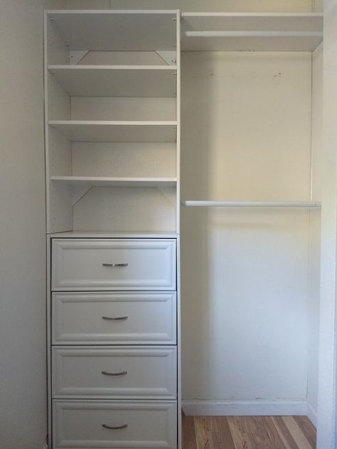 Easy small closet organization with ClosetMaid Selective 25inx81in tower and drawers. approx 4 hours of work. Did it for my boys room, girls room is next. Small Closet Dresser Ideas, Ikea Closet With Drawers, Small Walk In Closet Nursery, Small Closet For Two People, Closet Organization Ideas For Small Closet, Small Closet Drawer Ideas, Small Step In Closet Ideas, Small Closet With Drawers, Small Closet Ikea Hack