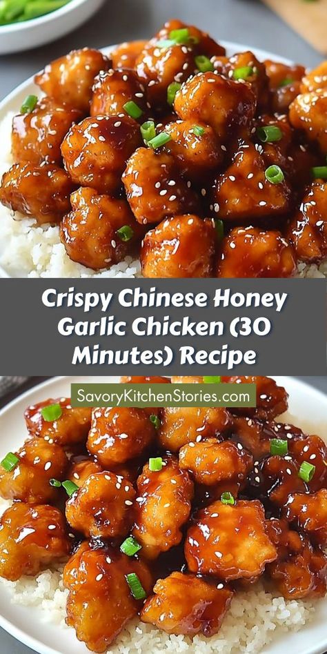 Looking for a quick and delicious dinner idea? This Crispy Chinese Honey Garlic Chicken recipe can be made in just 30 minutes! Enjoy a flavorful meal that’s perfect for busy weeknights. Don’t forget to save this recipe for your future dinner inspirations! Crispy Chinese Honey Garlic Chicken, Honey Garlic Chicken Chinese, Chinese Food Dinner Ideas, How To Make Chinese Chicken, Crispy Chinese Chicken Recipes, Best Chinese Chicken Recipes, Chicken And Rice Recipes Chinese, Chinese Honey Chicken Recipe, Easy Homemade Chinese Food