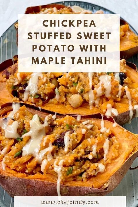 These delicious Chickpea Stuffed Sweet Potato with Maple Tahini Drizzle are the ultimate vegan dinner dish.