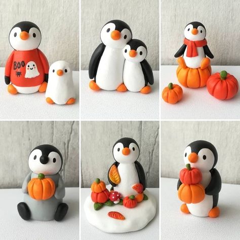 Christmas Polymer Clay, Crafts Clay, Crea Fimo, Autumn And Halloween, Penguin Cakes, Pumpkin Cutouts, Fondant Animals, Large Pumpkin, Clay Christmas