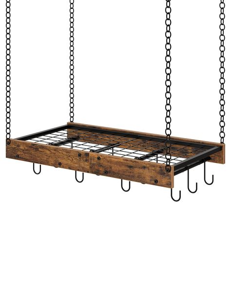 PRICES MAY VARY. Particleboard, iron Handy Storage: The pot rack comes with 12 detachable heavy-duty hooks and a central iron frame with mesh that not only hangs various pots and pans for easy access, but also holds additional pots above it. It’s great to display your cookwares and boost kitchen organization Space-Saving: Size: 24"L x 13"W x 2.4"H, the ceiling mounted pot hanger fully utilizes the space above and around the stove to free up cabinet space for convenient storage in kitchen, elimin Kitchen Pan Hanging Ideas, Vintage Hanging Pot Rack, Pot Hangers For Kitchen, Pot Hanging Rack, Pan Hanging Rack, Pan Rack Hanging, Hang Pots And Pans, Hanging Pots And Pans, Storage In Kitchen