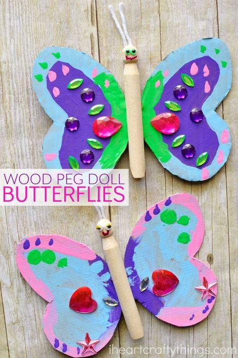 Have an afternoon full of fun making this colorful wood peg doll butterfly craft. It makes a great spring craft for kids. Children will love getting creative making their own butterfly design with paint and bright craft jewels. Clothespin Animals, Learning Provocations, Butterfly Art And Craft, Mini Beasts, Dolly Pegs, April Crafts, Butterfly Craft, February Crafts, Coffee Table Plans