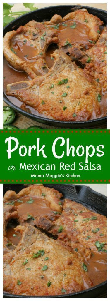 Pork Chops in Mexican Red Salsa, or Chuletas en Salsa Roja, is flavorful and 100% delicious. It comes together quickly, making it perfect for weeknights. by Mama Maggie's Kitchen @maggieunz #porkchops #mexicanfood #mexican #recipe #recipeoftheday #food #f Mexican Red Salsa, Southwestern Dishes, Mexican Pork Chops, Mexican Pork Recipes, Mexican Soups, Ciroc Recipes, Mexican Pork, Mexican Appetizers, Red Salsa