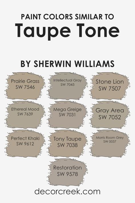 Colors Similar to Taupe Tone SW 7633 by Sherwin Williams Sw Greige Paint Colors, Morris Room Grey, Griege Paint, Tony Taupe, Sherwin Williams Greige, Mega Greige, Intellectual Gray, Taupe Paint Colors, Taupe Paint