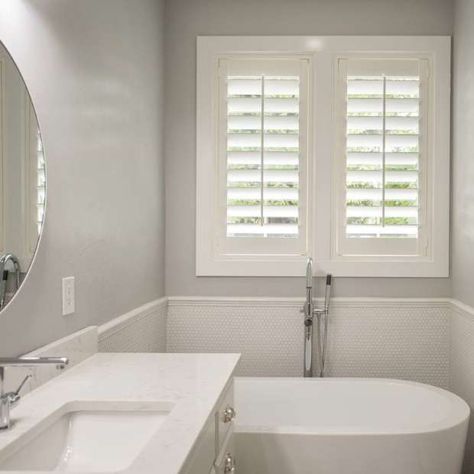 Studio shutters are an affordable & durable option for interior window treatments that won't chip, crack, warp or split! Get a free in-home consultation today! Bathroom Window Coverings, Small Bathroom Window, Indoor Shutters, Bath Window, Bathroom Window Treatments, Bathroom Freestanding, Custom Shutters, Window In Shower, Interior Shutters